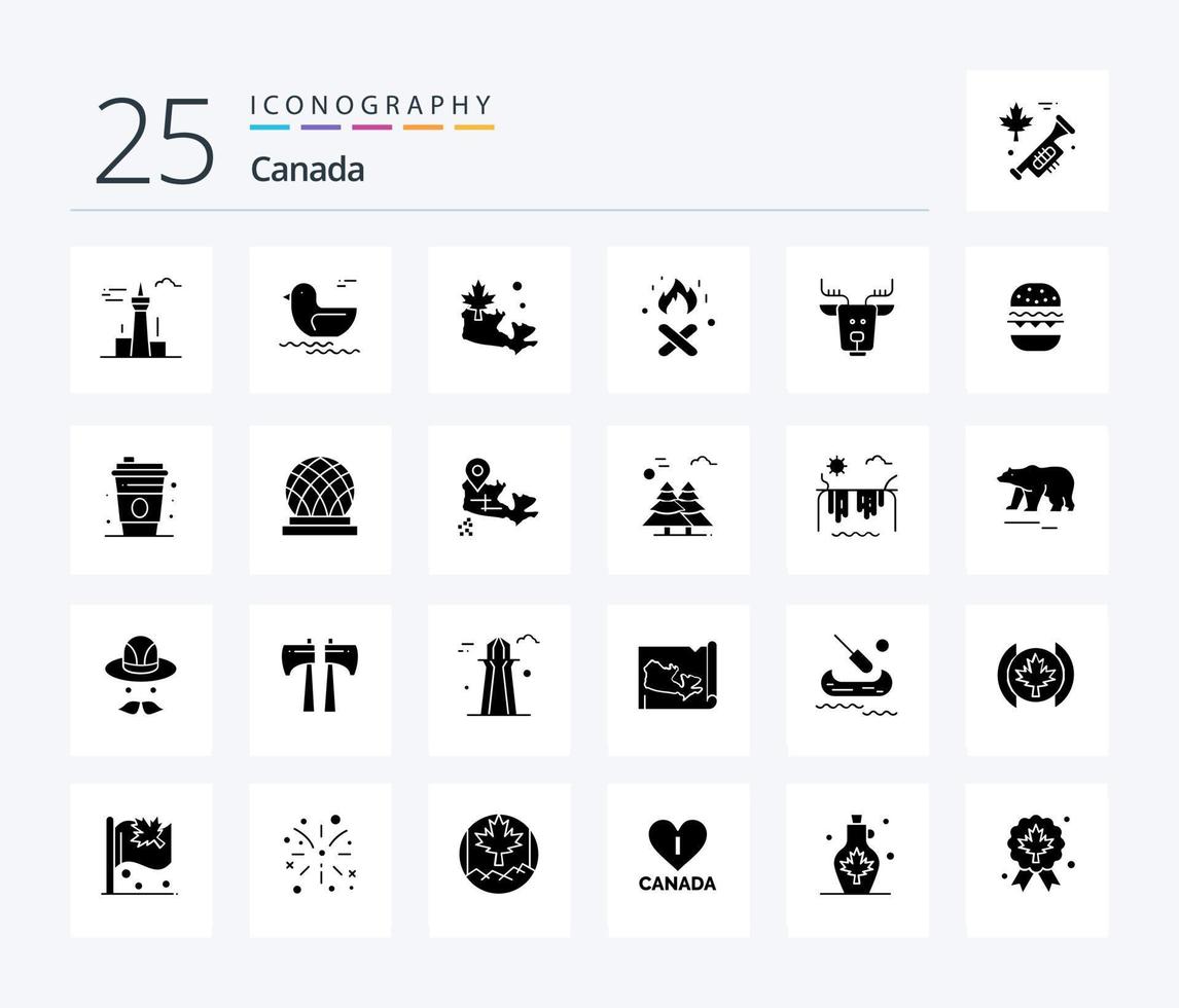 paquete de iconos de 25 glifos sólidos de canadá que incluye renos. ártico. mapa. alpino. chimenea vector