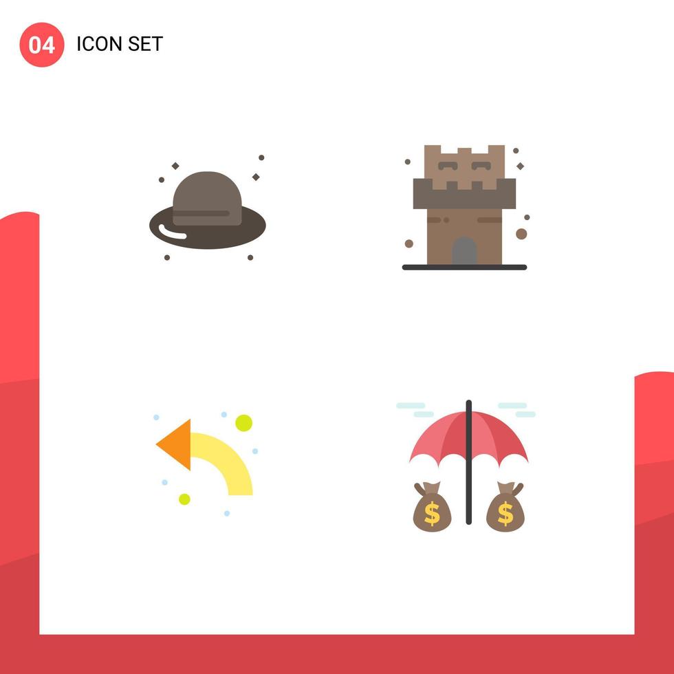 grupo de 4 iconos planos signos y símbolos para sombrero de paja curvo de playa lijar elementos de diseño vectorial editables vector