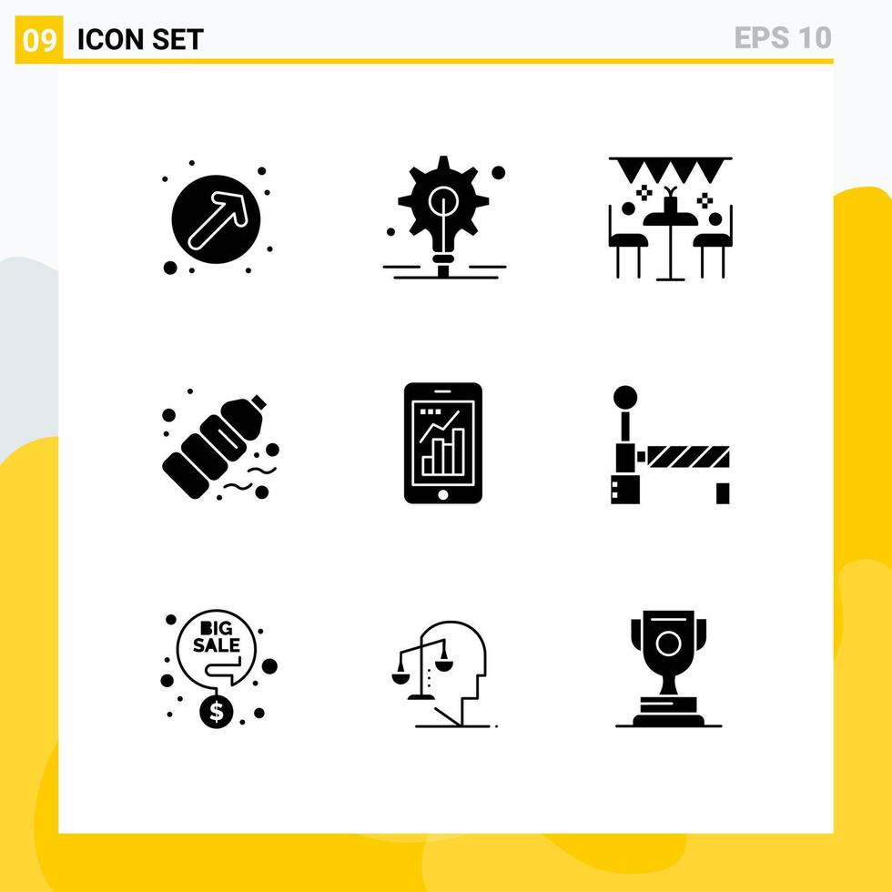 Pack of 9 creative Solid Glyphs of graph pollution decoration plastic bottle Editable Vector Design Elements