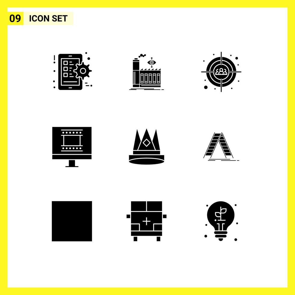 Solid Glyph Pack of 9 Universal Symbols of empire crown auditory photo frame design digital photo frame Editable Vector Design Elements