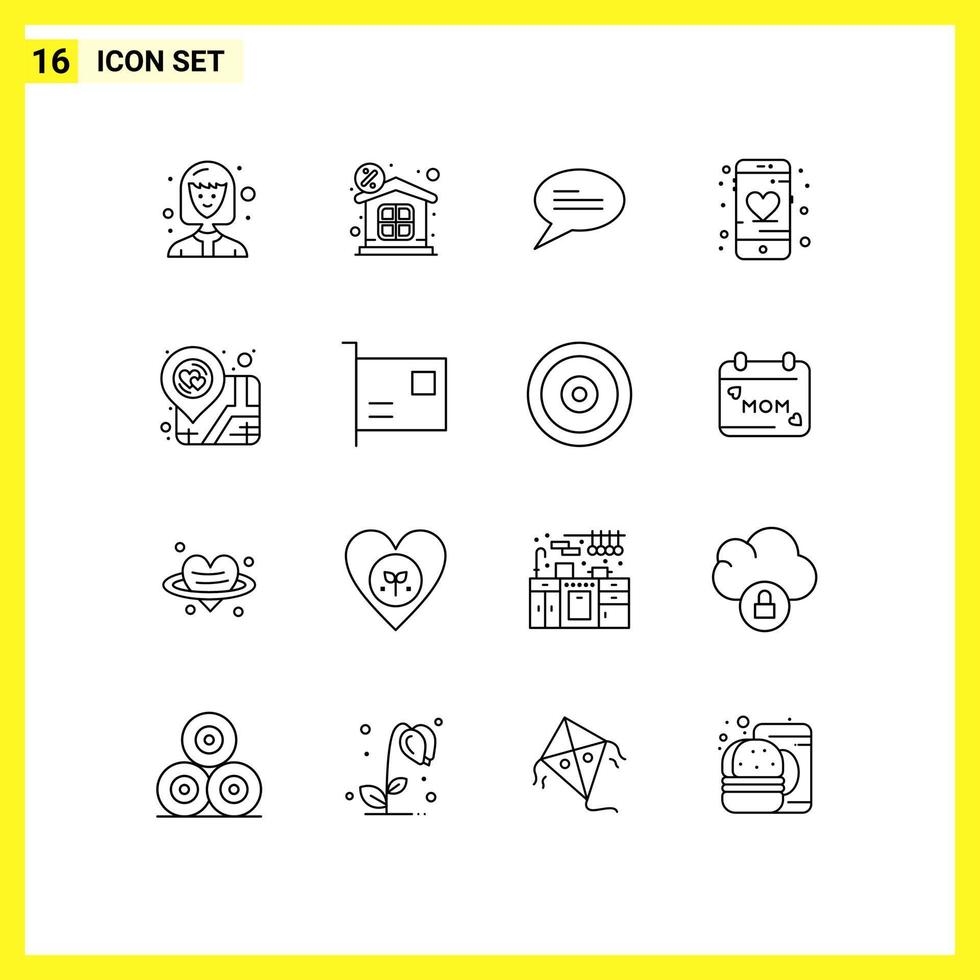 Editable Vector Line Pack of 16 Simple Outlines of map love conversation location like Editable Vector Design Elements