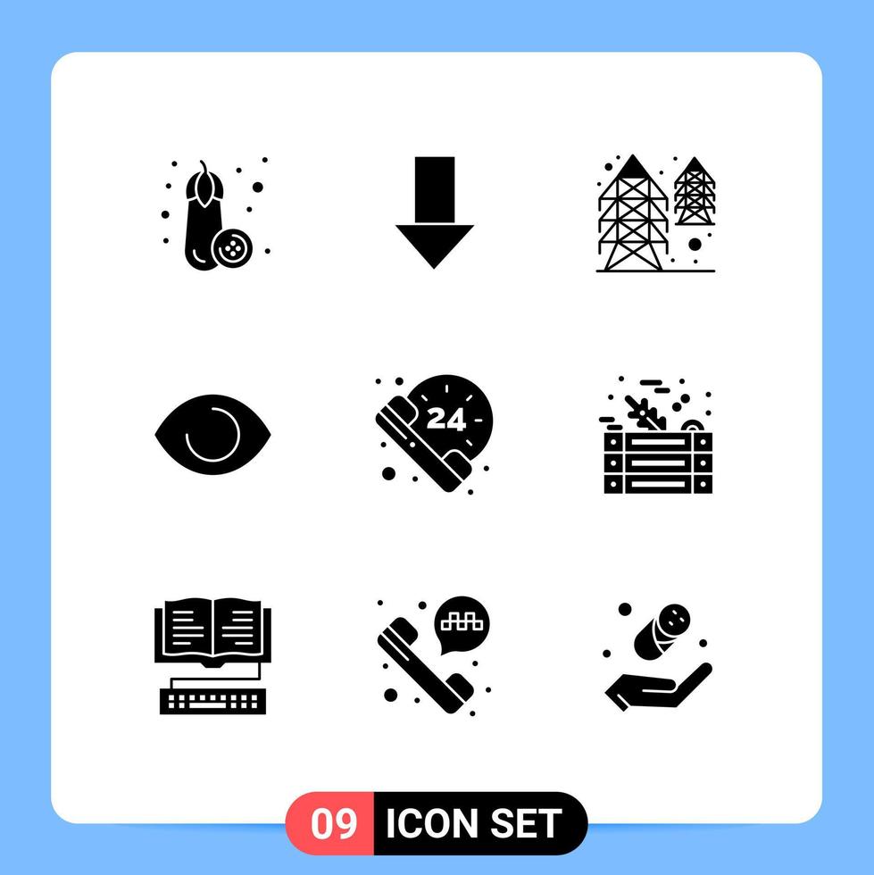 9 Solid Glyph concept for Websites Mobile and Apps survice hours power vision face Editable Vector Design Elements
