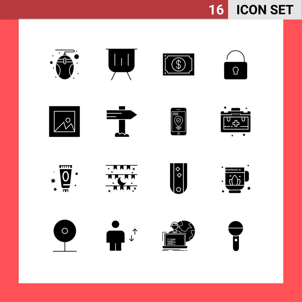 Pack of 16 Modern Solid Glyphs Signs and Symbols for Web Print Media such as image lock presentation unlock watch Editable Vector Design Elements
