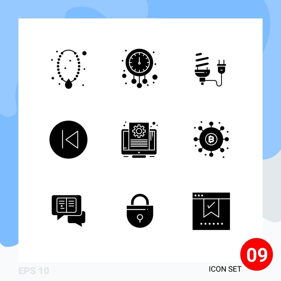 Mobile Interface Solid Glyph Set of 9 Pictograms of arrow left plug time light bulb eletrical Editable Vector Design Elements