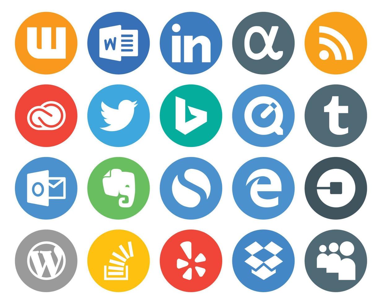 Paquete de 20 íconos de redes sociales que incluye uber simple twitter evernote tumblr vector