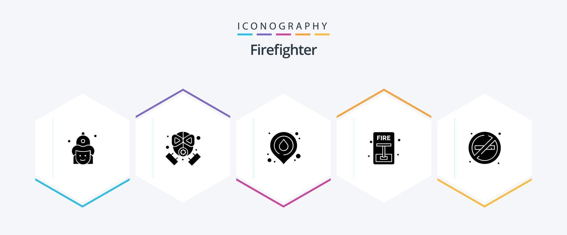 Firefighter 25 Glyph icon pack including fire. evacuate. protection. escape. location vector