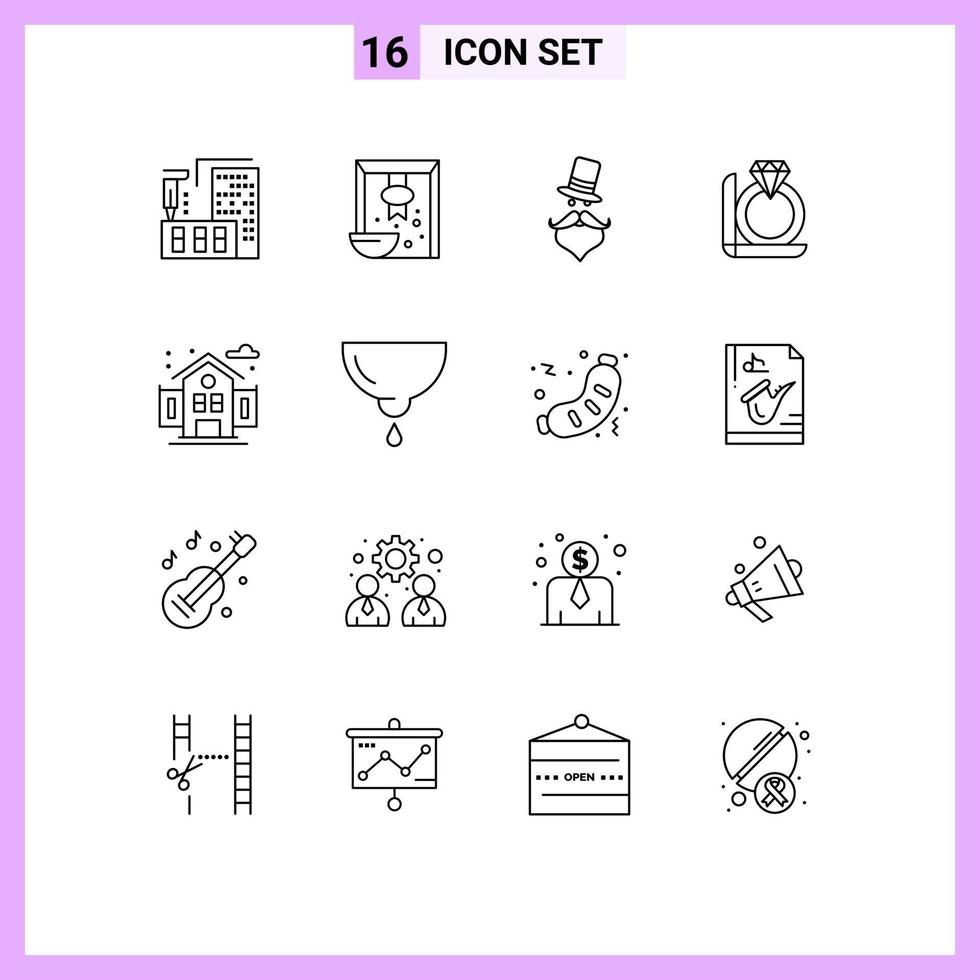 Modern Set of 16 Outlines and symbols such as city gift moustache diamond hat Editable Vector Design Elements