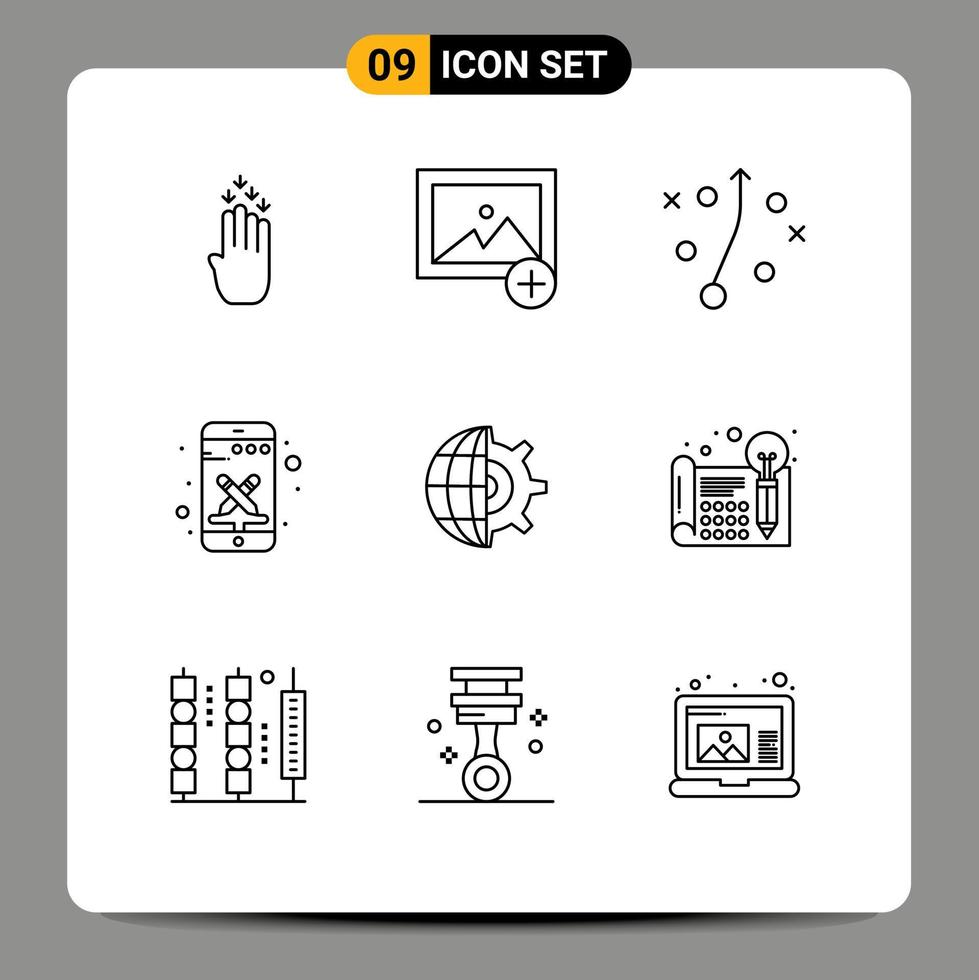 Modern Set of 9 Outlines Pictograph of business globe plan gear smart phone Editable Vector Design Elements