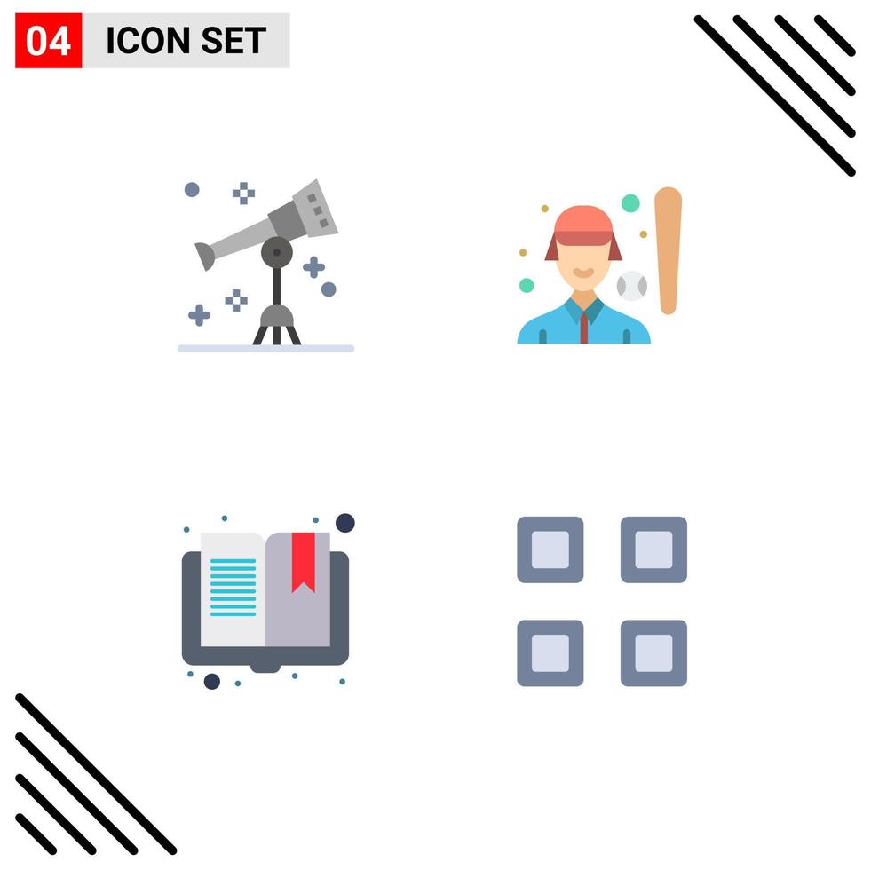 Pack of 4 creative Flat Icons of astronomy book telescope female page Editable Vector Design Elements