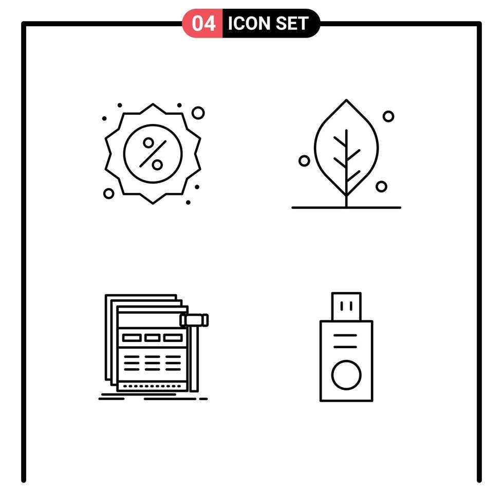 Mobile Interface Line Set of 4 Pictograms of badge page shop nature webpage Editable Vector Design Elements