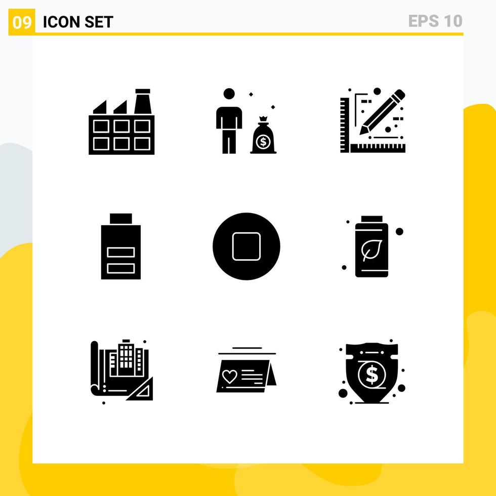 Modern Set of 9 Solid Glyphs Pictograph of green stop document multimedia low Editable Vector Design Elements