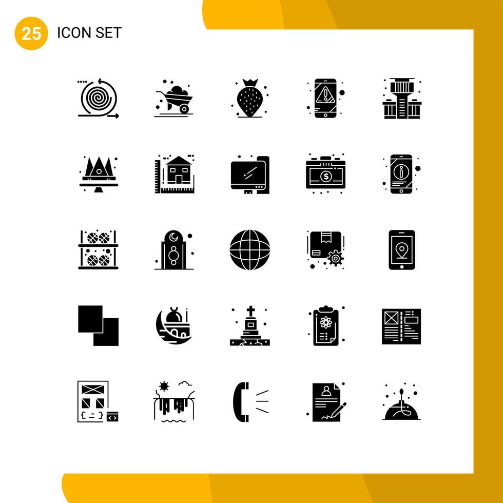 Pack of 25 Modern Solid Glyphs Signs and Symbols for Web Print Media such as life virus wheelbarrow mobile alert Editable Vector Design Elements