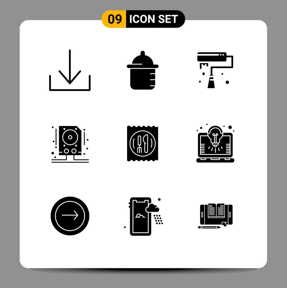 Group of 9 Solid Glyphs Signs and Symbols for bulb knife roller hotel storage Editable Vector Design Elements