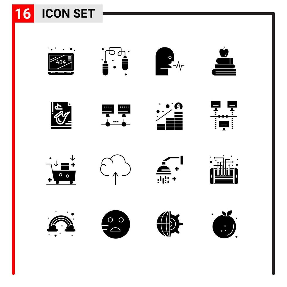 paquete de 16 signos y símbolos de glifos sólidos modernos para medios de impresión web, como archivos de música, libros de ciencia, elementos de diseño de vectores editables