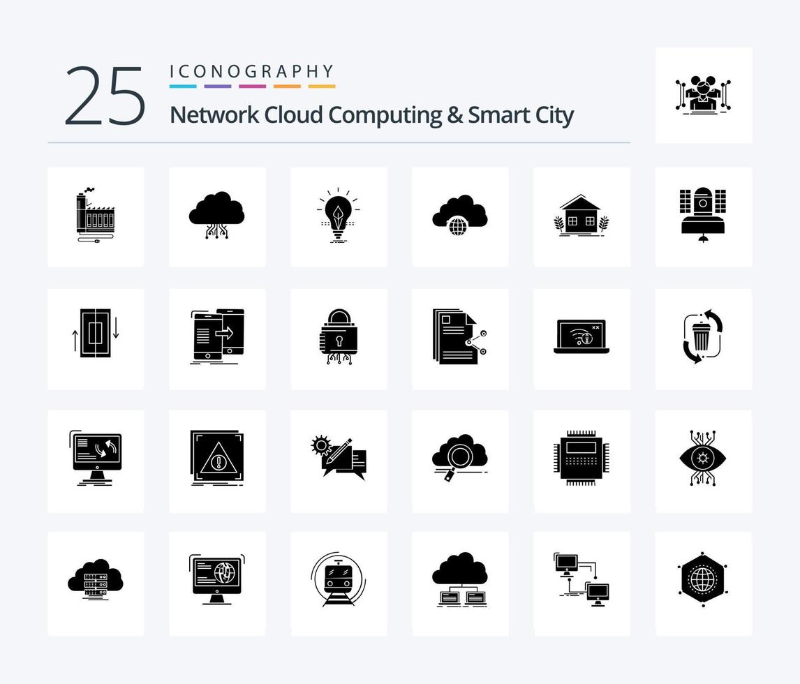 Network Cloud Computing And Smart City 25 Solid Glyph icon pack including city. light. data. energy. idea vector