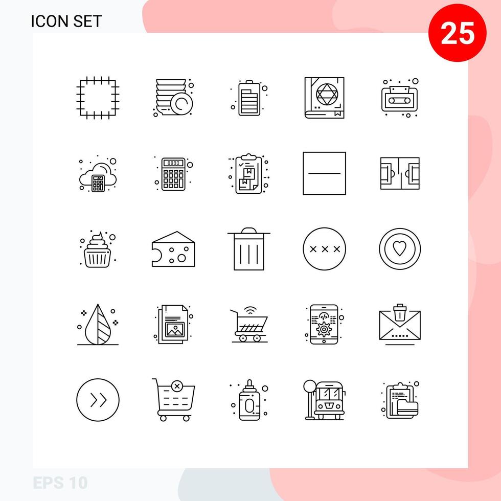 Set of 25 Modern UI Icons Symbols Signs for calculate accounting esoteric tape audio cassette Editable Vector Design Elements