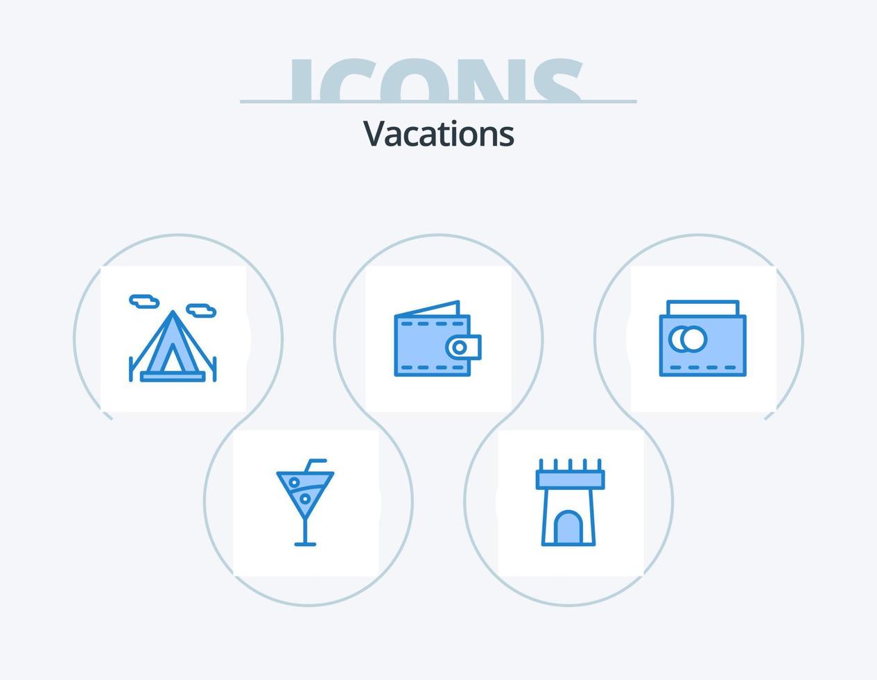 paquete de iconos azul de vacaciones 5 diseño de iconos. verano. bolsa. cámping. playa. cartera vector