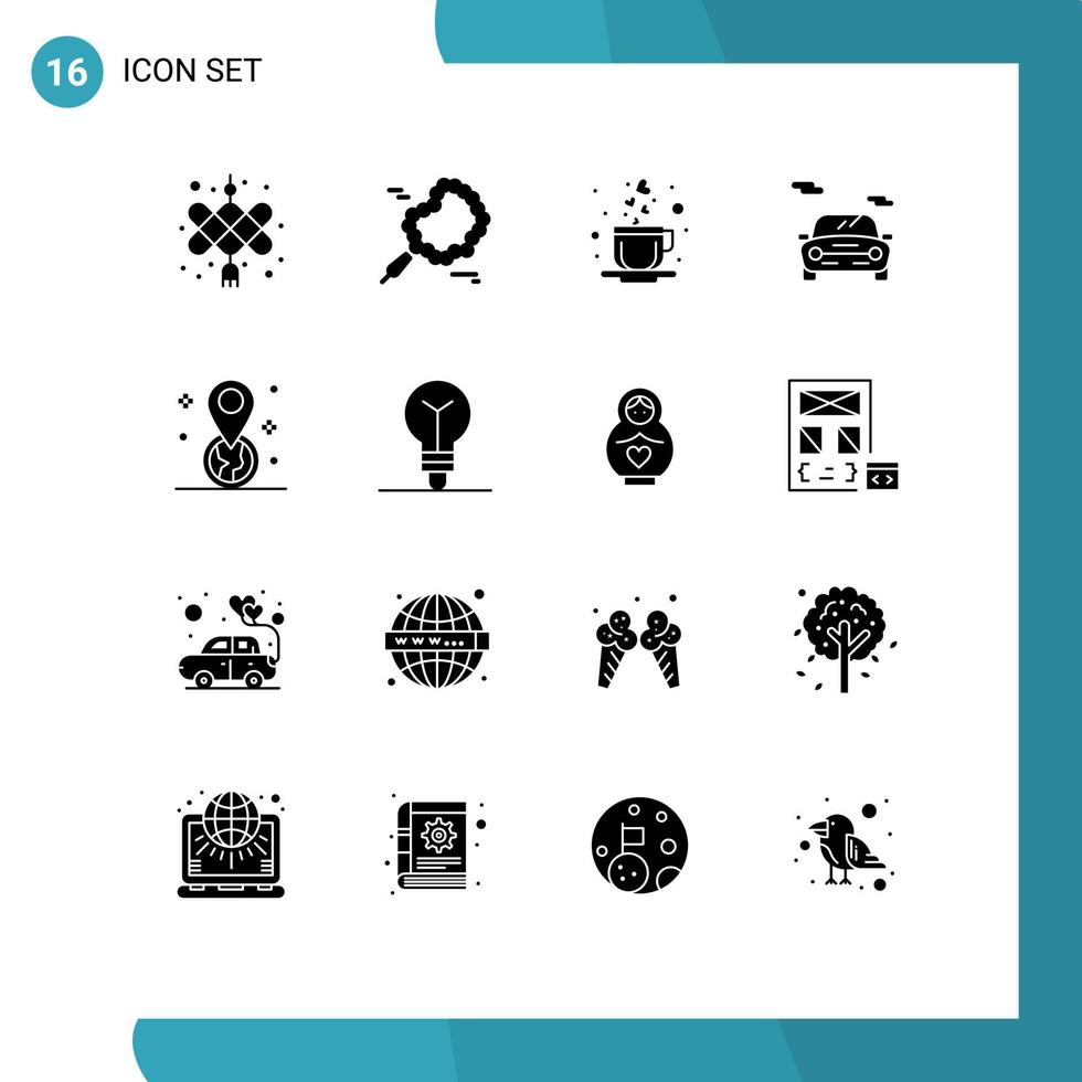 Set of 16 Vector Solid Glyphs on Grid for bulb location love gps vehicle Editable Vector Design Elements