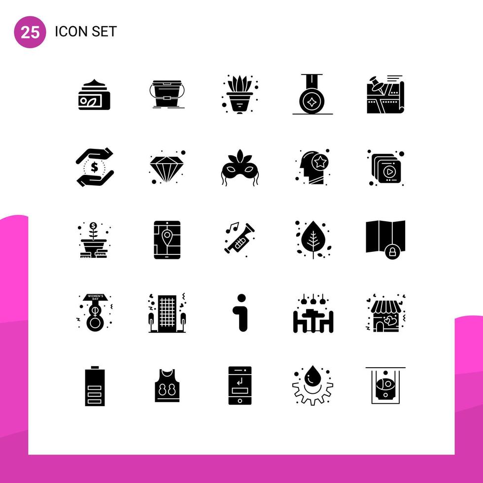 Modern Set of 25 Solid Glyphs and symbols such as pin route flower location medal Editable Vector Design Elements