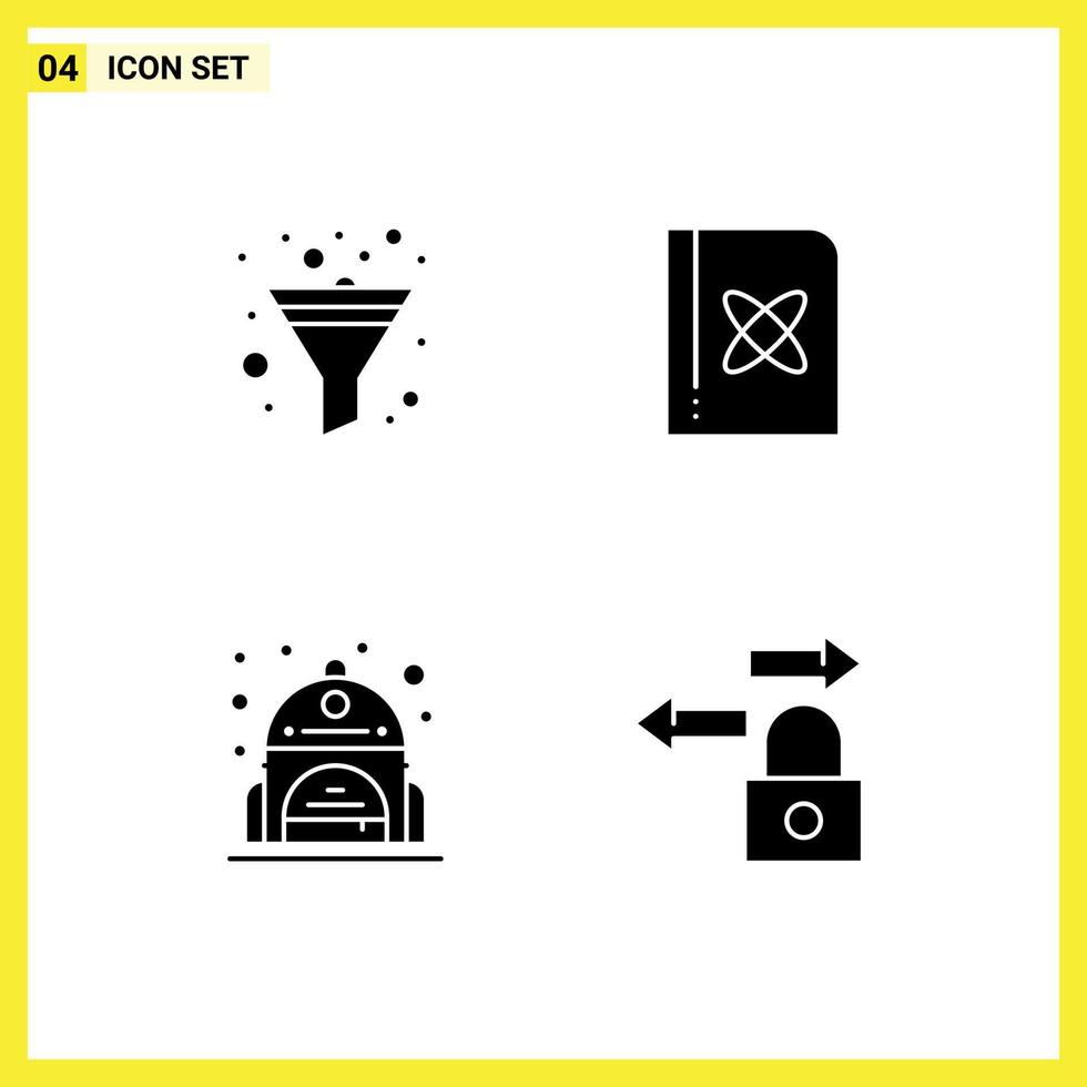 4 User Interface Solid Glyph Pack of modern Signs and Symbols of filter back bag book science lock Editable Vector Design Elements