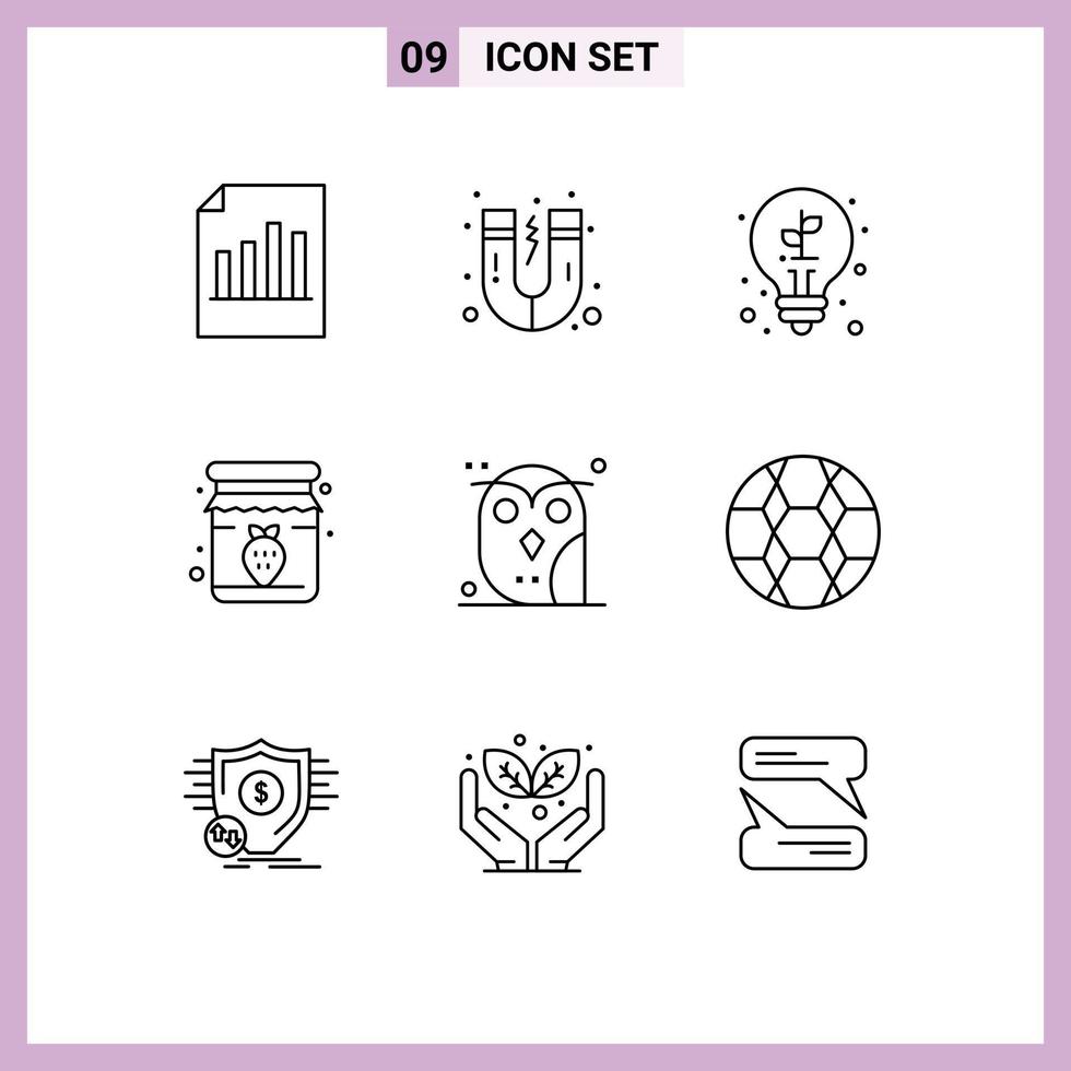 9 Universal Outlines Set for Web and Mobile Applications bird breakfast bulb strawberry jam Editable Vector Design Elements