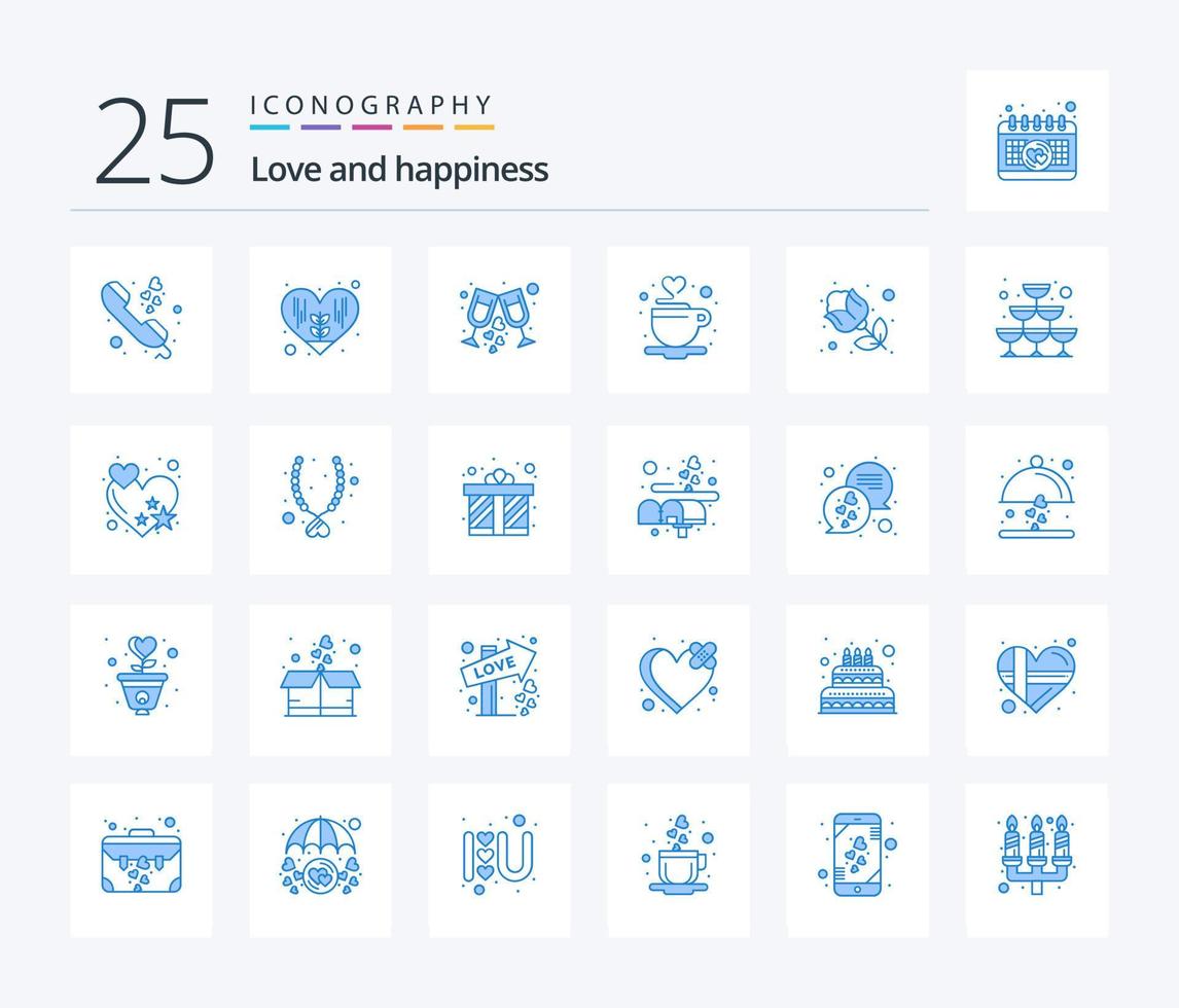 me encanta el paquete de iconos de 25 colores azules que incluye rosa. flor. vaso. té. taza vector