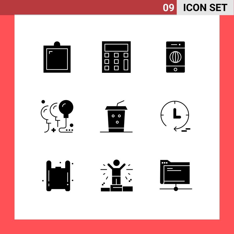 Set of 9 Vector Solid Glyphs on Grid for takeaway cola electronics party birthday Editable Vector Design Elements