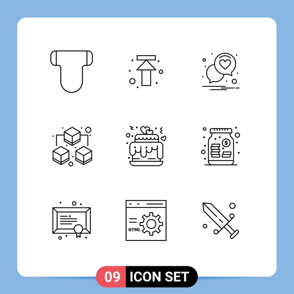 Universal Icon Symbols Group of 9 Modern Outlines of love hearts chat sharing big Editable Vector Design Elements