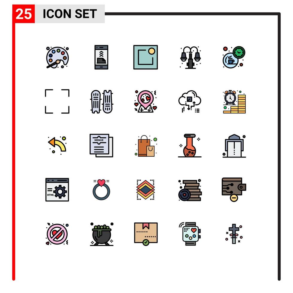 Mobile Interface Filled line Flat Color Set of 25 Pictograms of coffee lump phone light city Editable Vector Design Elements