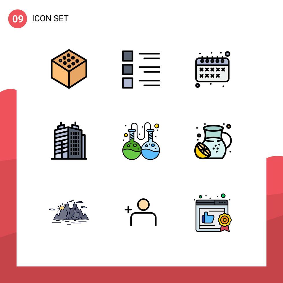 9 paquete de color plano de línea de relleno de interfaz de usuario de signos y símbolos modernos del laboratorio de educación de investigación de verano elementos de diseño de vector editables reales