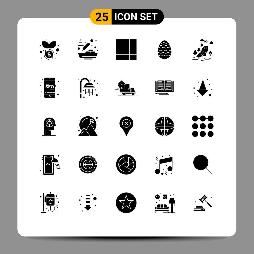 25 Universal Solid Glyph Signs Symbols of pain waterfall grid layout egg easter Editable Vector Design Elements