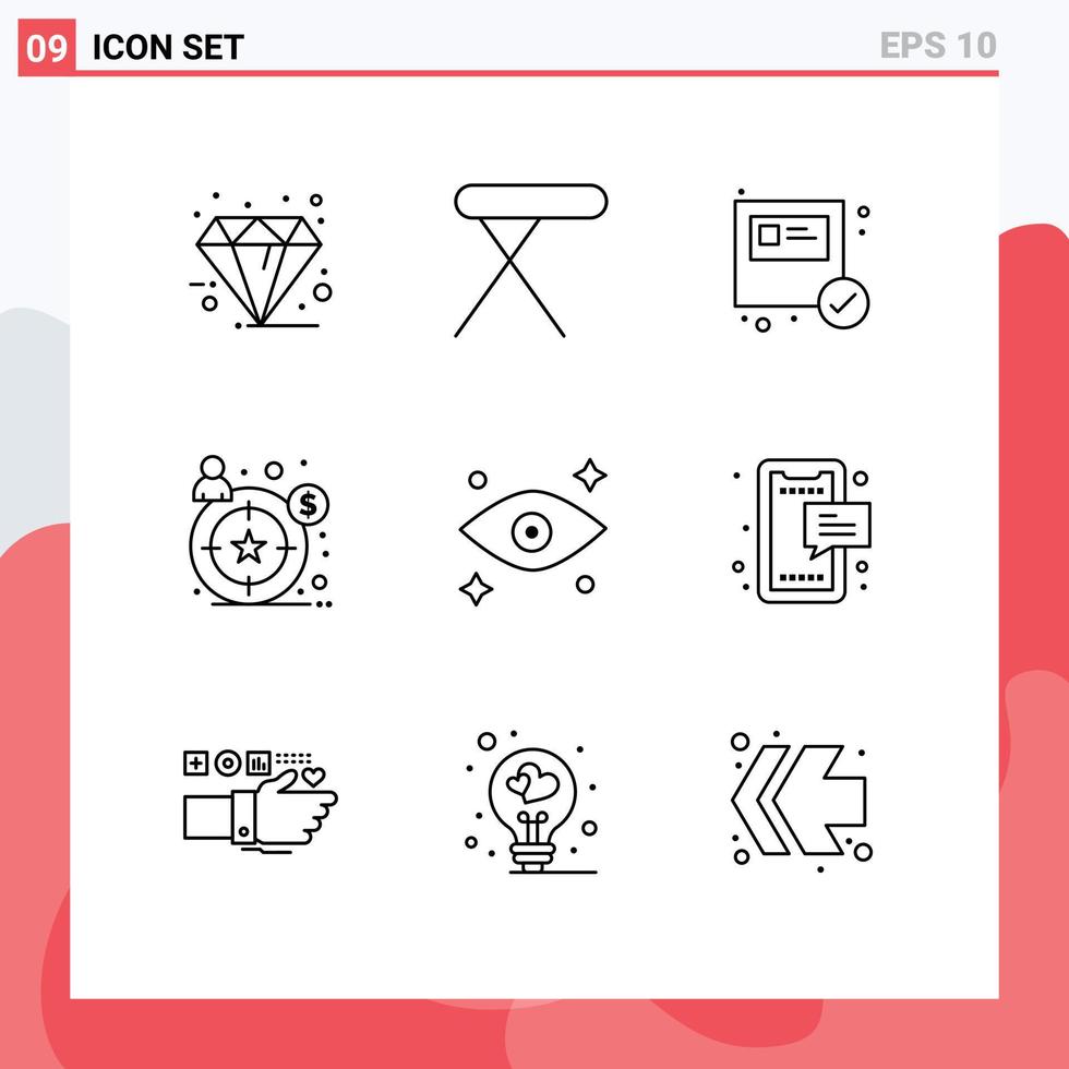 Pack of 9 Modern Outlines Signs and Symbols for Web Print Media such as eyes target table customer shopping Editable Vector Design Elements