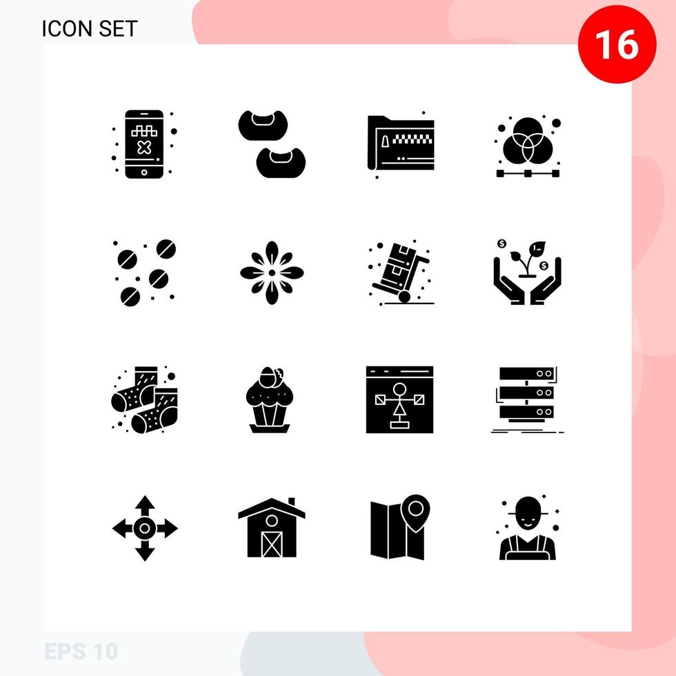 Set of 16 Commercial Solid Glyphs pack for pills grid files graphic design Editable Vector Design Elements