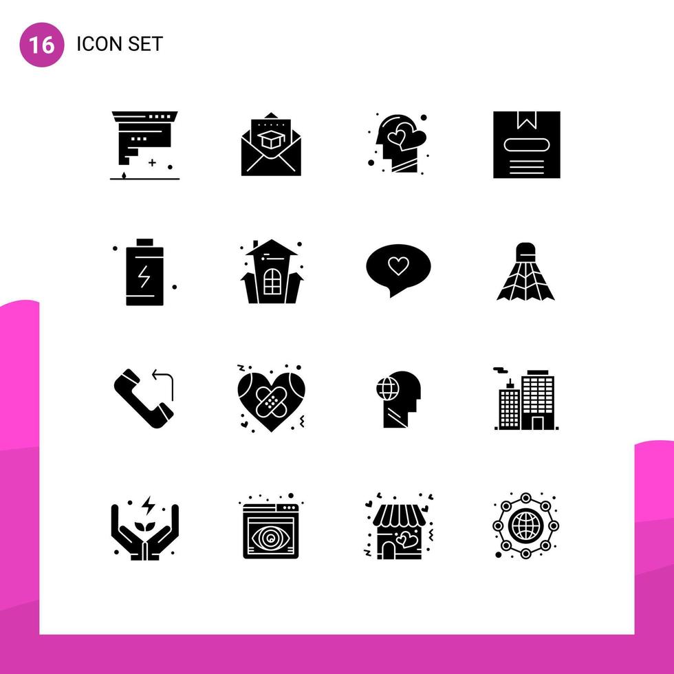 Pack of 16 Modern Solid Glyphs Signs and Symbols for Web Print Media such as hide commerce mail box heart Editable Vector Design Elements