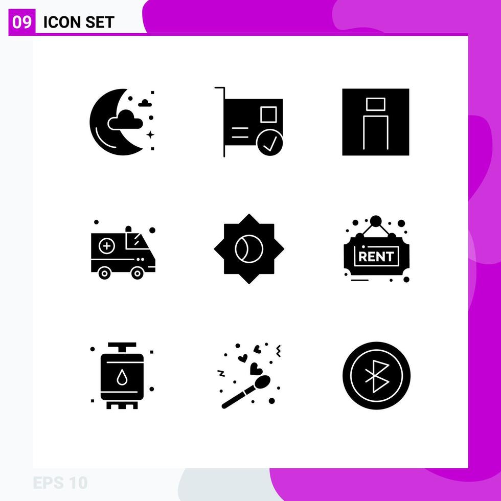 Set of 9 Commercial Solid Glyphs pack for basic emergency hardware ambulance person Editable Vector Design Elements