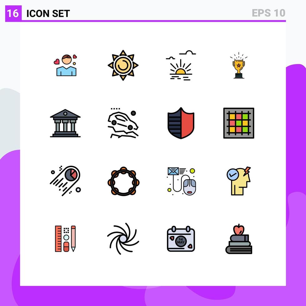 Universal Icon Symbols Group of 16 Modern Flat Color Filled Lines of institution trophy sun prize cup Editable Creative Vector Design Elements