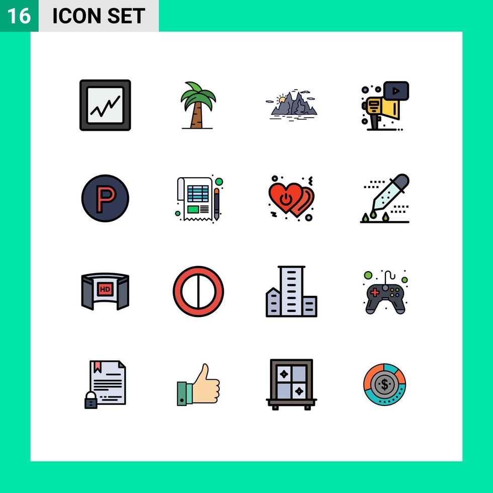 Modern Set of 16 Flat Color Filled Lines and symbols such as play marketing tree advertising mountain Editable Creative Vector Design Elements