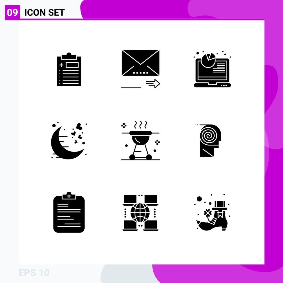 Set of 9 Commercial Solid Glyphs pack for barbecue night analysis moon date Editable Vector Design Elements