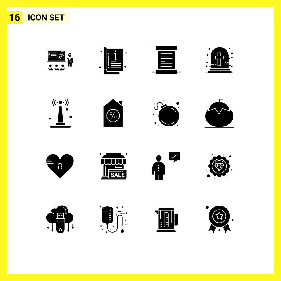 Set of 16 Commercial Solid Glyphs pack for tomb halloween cross catalogue graveyard cross receipt Editable Vector Design Elements