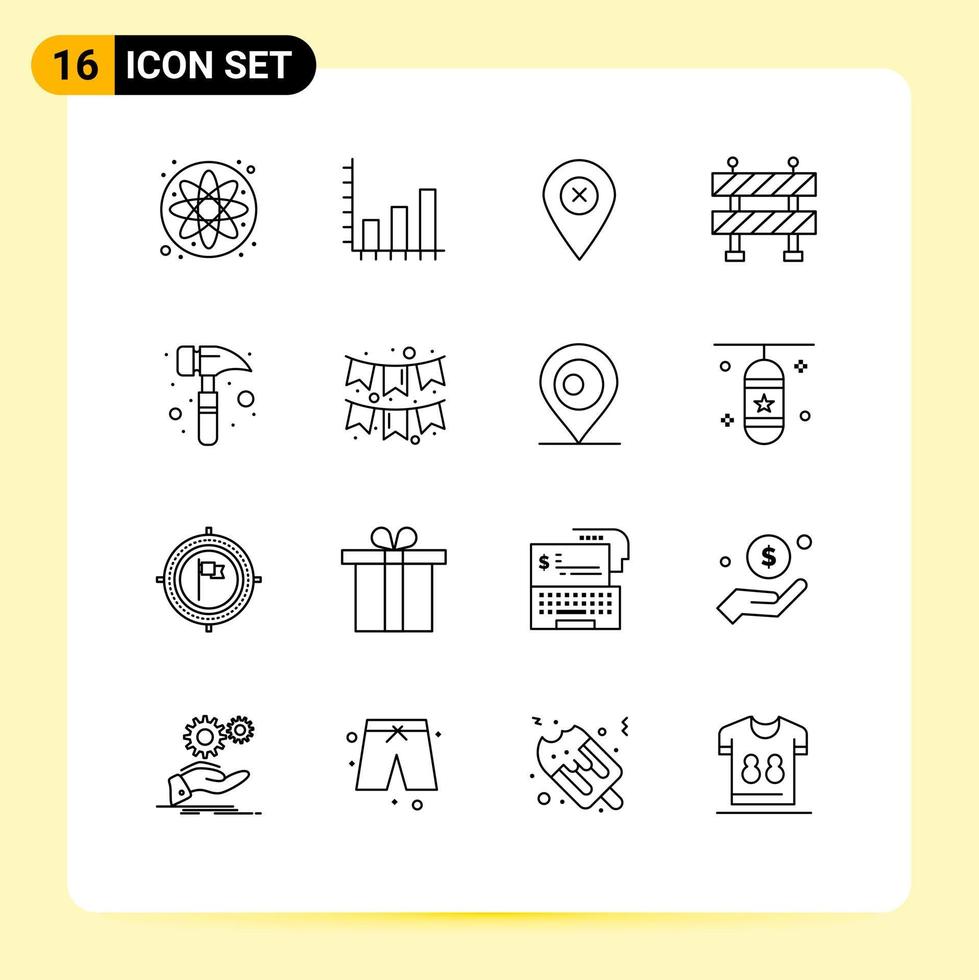 Pack of 16 creative Outlines of decoration watch kit map hammer road Editable Vector Design Elements