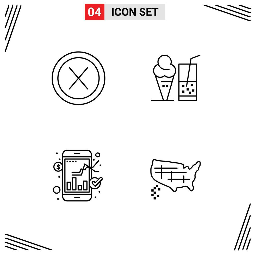 Mobile Interface Line Set of 4 Pictograms of close exchange no ice cream stock Editable Vector Design Elements