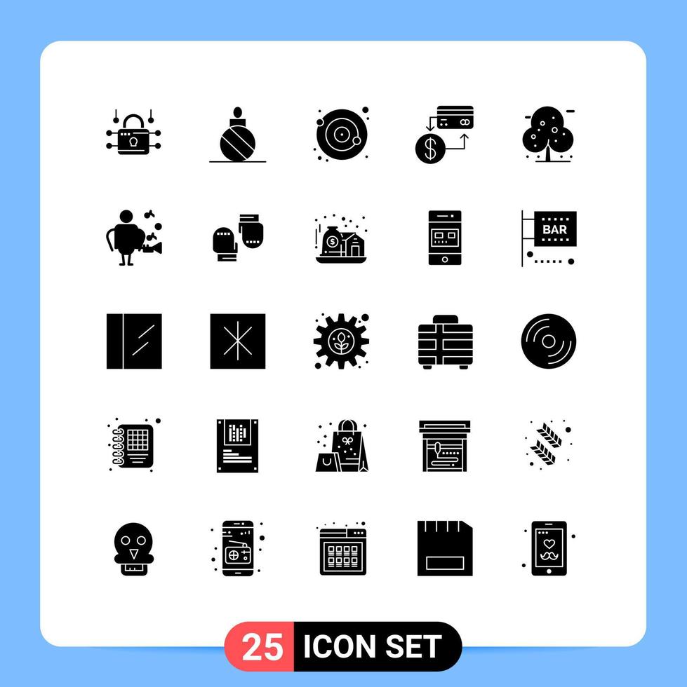 Modern Set of 25 Solid Glyphs Pictograph of beach credit orbit cashless accounting Editable Vector Design Elements