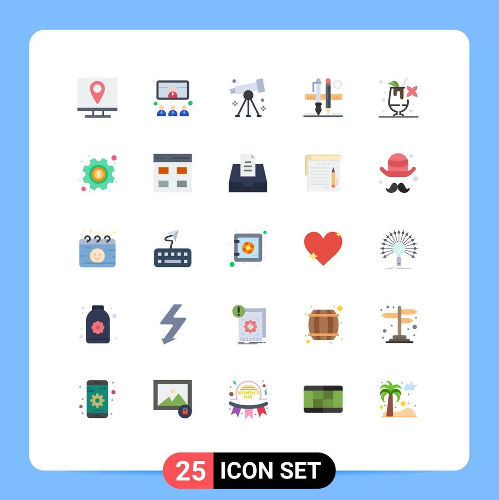 Mobile Interface Flat Color Set of 25 Pictograms of pencil stationary presentation study research Editable Vector Design Elements