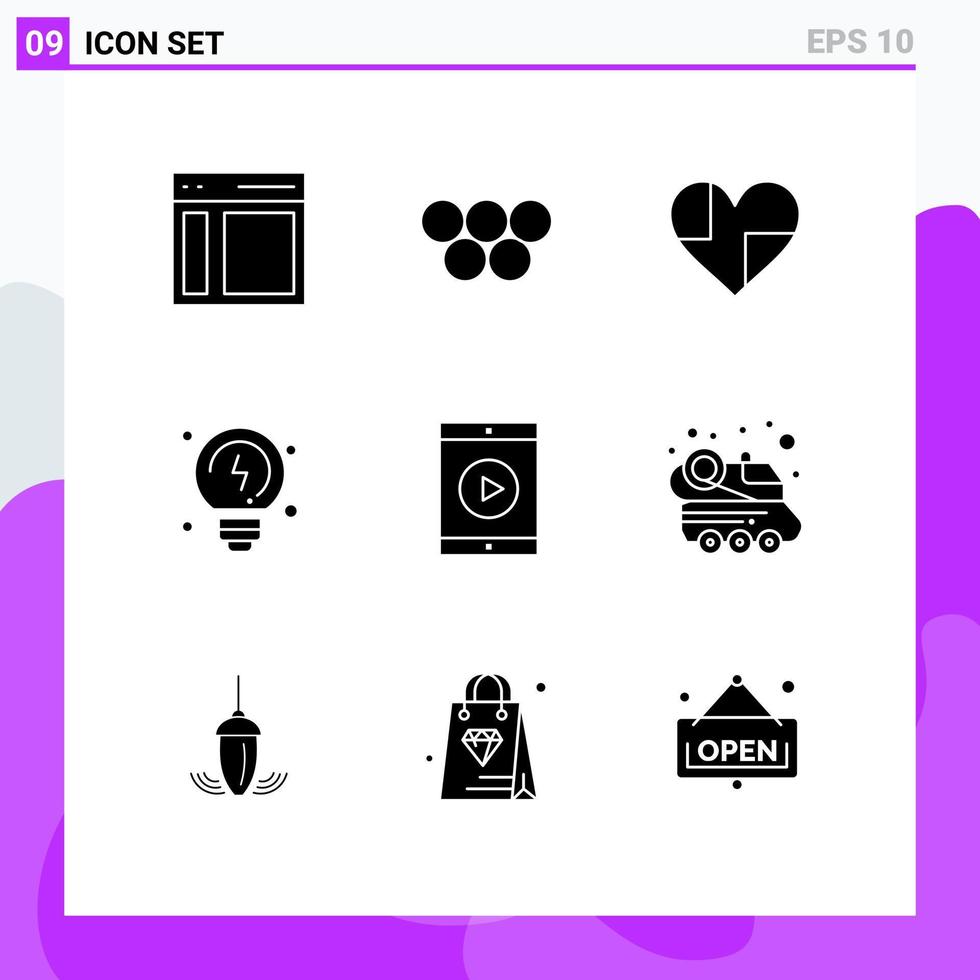 Universal Icon Symbols Group of 9 Modern Solid Glyphs of cinema solutions olympic games brainstorming favorite Editable Vector Design Elements