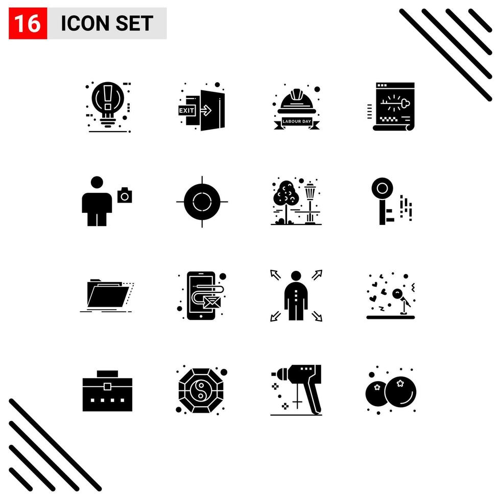 Mobile Interface Solid Glyph Set of 16 Pictograms of document secure out key helmet Editable Vector Design Elements