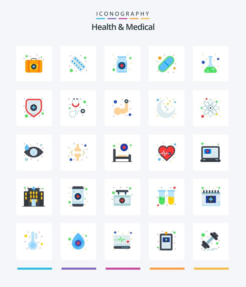 Creative Health And Medical 25 Flat icon pack  Such As medical insurance. test. capsule. science. flask vector