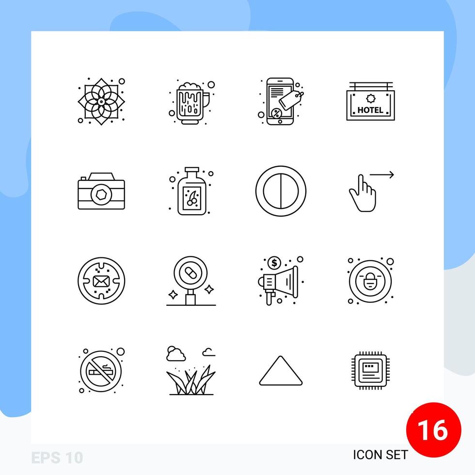 Group of 16 Outlines Signs and Symbols for picture camera connect direction sign Editable Vector Design Elements