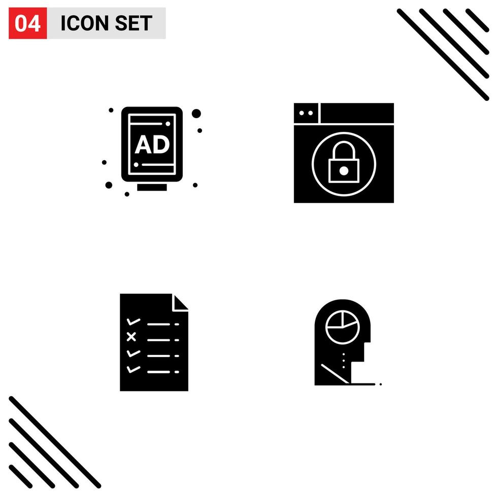 Universal Icon Symbols Group of 4 Modern Solid Glyphs of ad human web document man Editable Vector Design Elements