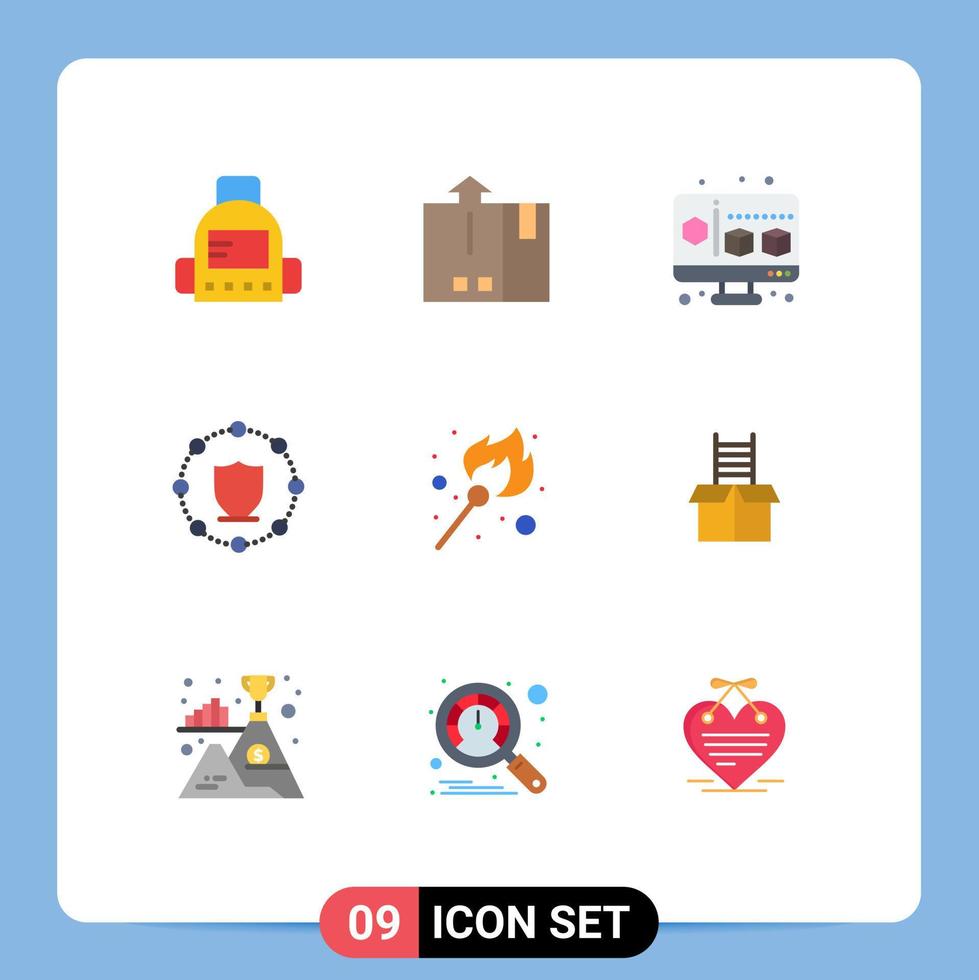 Pack of 9 Modern Flat Colors Signs and Symbols for Web Print Media such as lighter fire cube network protect Editable Vector Design Elements