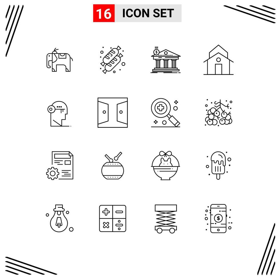 16 Universal Outlines Set for Web and Mobile Applications lock brain building tower house Editable Vector Design Elements